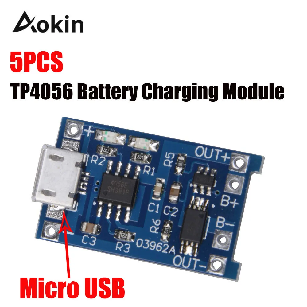 

Aokin 5PCS TP4056 5V 1A Micro USB 18650 Lithium Battery Charging Board Charger Module Protection Dual Functions For Arduino Diy
