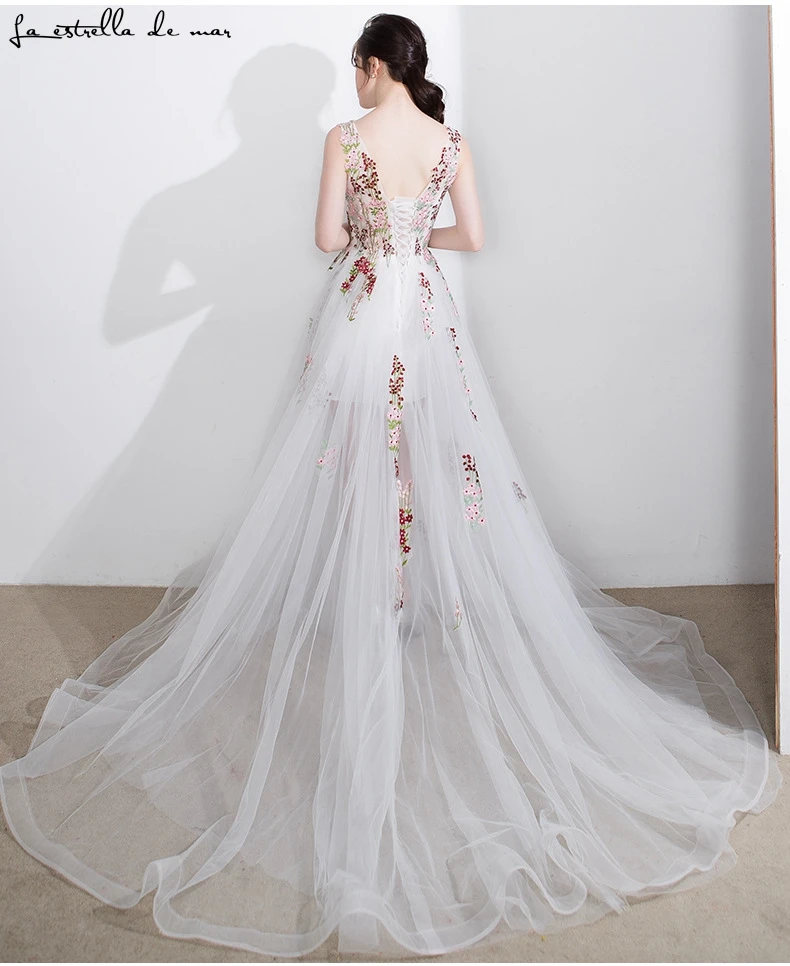 Vestido madrinha casamento longo2018 Новый сексуальный v шеи тюль вышитый цветок узор бежевый нарядное платье видеть gaun pesta dewas