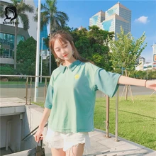 Летняя свободная футболка с вышивкой, женские футболки, милый топ для студентов, Женские топы с отложным воротником, красивая женская одежда