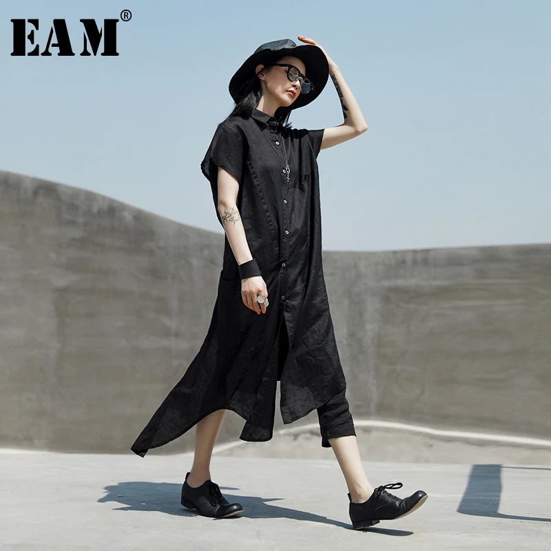

[EAM] 2019 New Spring Summer Lapel Short Sleeve Black Loose Irregular Split Joint Loose Shirt Dress Women Fashion Tide JX163