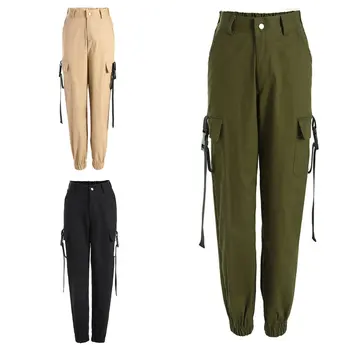 

3 Colors Women Casual High Waist Side Pockets Trousers Cargo Streetwear Pants Female Ladies Casual Long Pants
