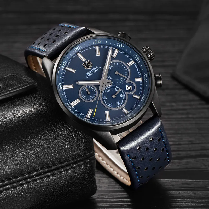  BENYAR Luxury Brand Military Watch Men Quartz Analog Clock Leather Strap Clock Mens Sports Watches 