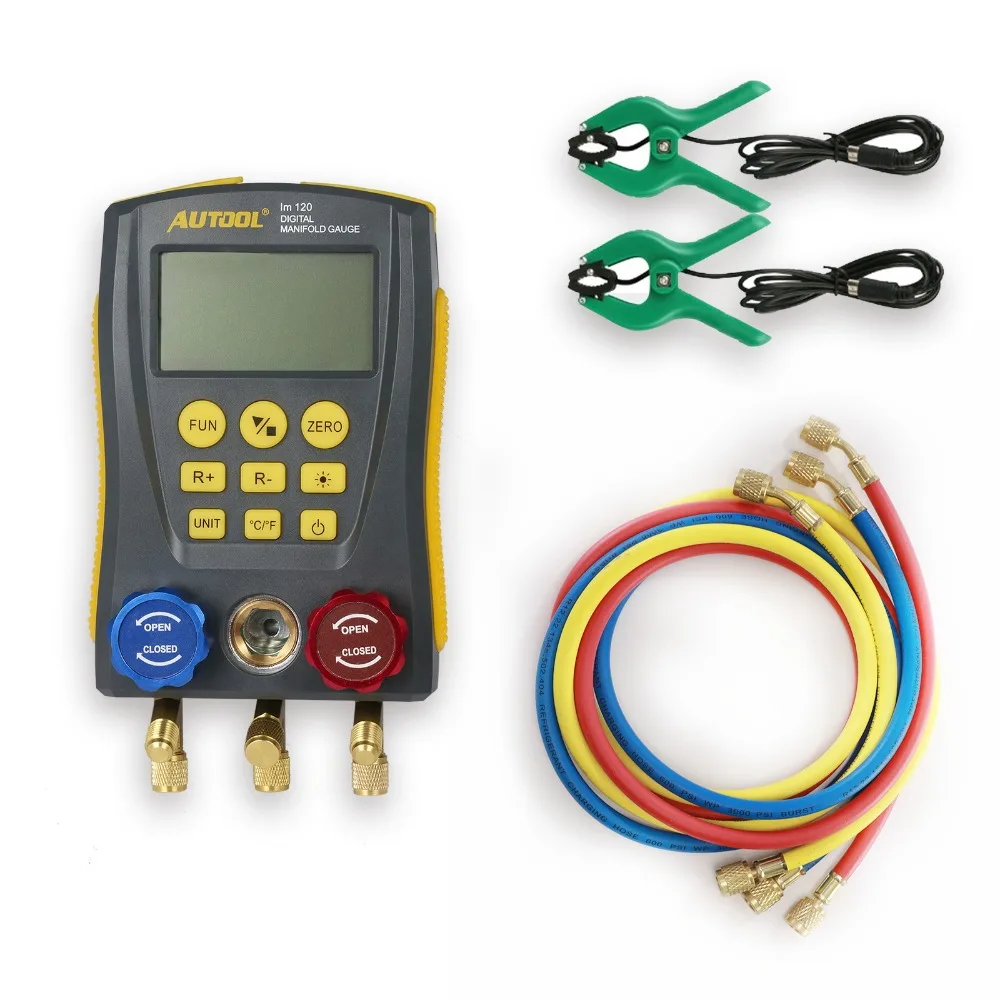

LM120 Refrigeration Digital Manifold Gauge Meter HVAC Vacuum Pressure Temperature Tester Full Kit with Test Clip and Pipe