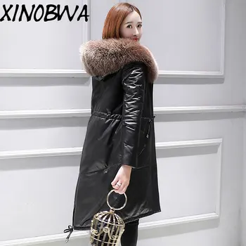

Europe New Women's Winter High Street Fashion A-Line Sheepskin Real Raccoon Fur Collar Long Coats Jackets Female Tunic Outwear