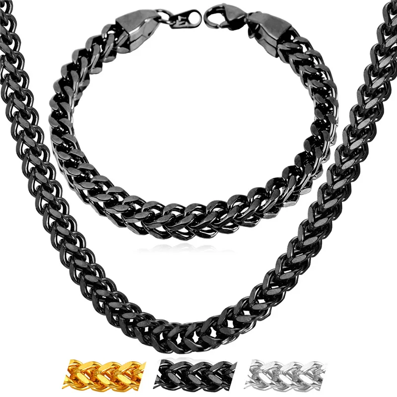 

Collare Spiga Wheat Chain Jewelry Sets Stainless Steel Gold/Black Color Men Link Bracelet Necklace Set Rock Men Jewelry S216