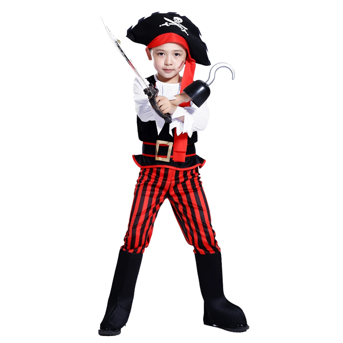 

Halloween Pirate Cosplay Suit Children Pirate Boy Costume with Pirate Knife Pirate Hook for 4-6 Years Old - M Size