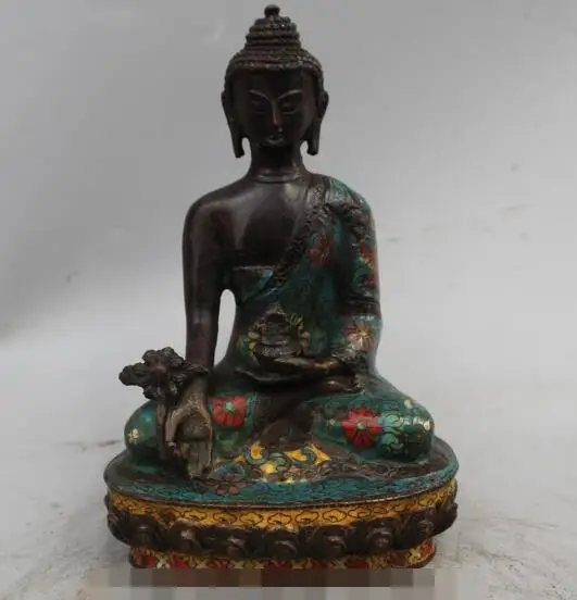 

song voge gem S6266 8" Tibet Temple Cloisonne Enamel Bronze Shakyamuni Sakyamuni Set Buddha Statue