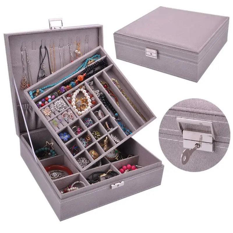 

Dual Layers Portable Jewelry Box PU Storage Organizer Earrings Rings Hair Clips Necklace Bracelet Holder Display Case Women Gift