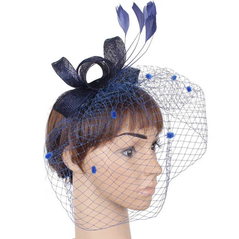 JaneVini Винтаж золотые свадебные Шапки и Fascinators женские свадебные вечерние шляпа Перья для волос Pin чистая клетка покрывал Afrikaanse Hoed - Цвет: Navy