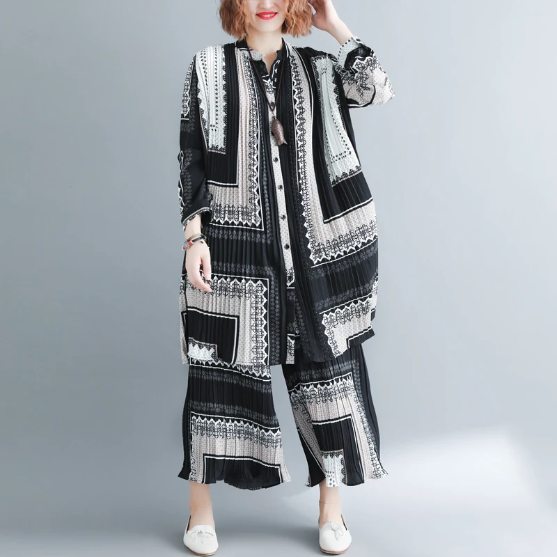 

TVVOVVIN 2019 Summer New Round Collar Short Hit Colors Splice Joint Thin Coat Elastic Waist Calf Length Pants Set Women V940