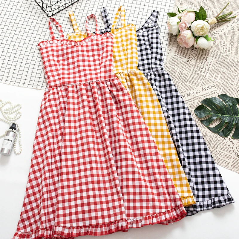 

SKOONHEID Vintage Plaid Dress Women Sleeveless cotton linen strap sundress summer A-Line ruffle dress Korean casual camis dress