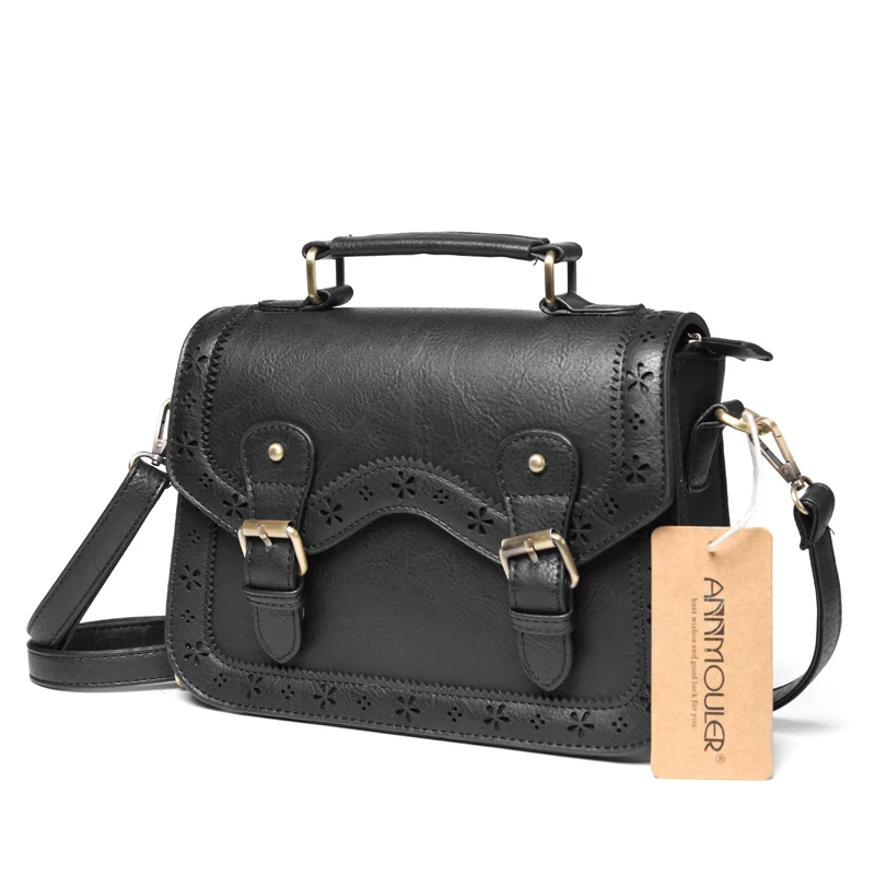 Annmouler Высококачественная женская сумка через плечо, винтажная сумка на плечо, черные маленькие Сумки из искусственной кожи, сумка-портфель, холлоут, портфель