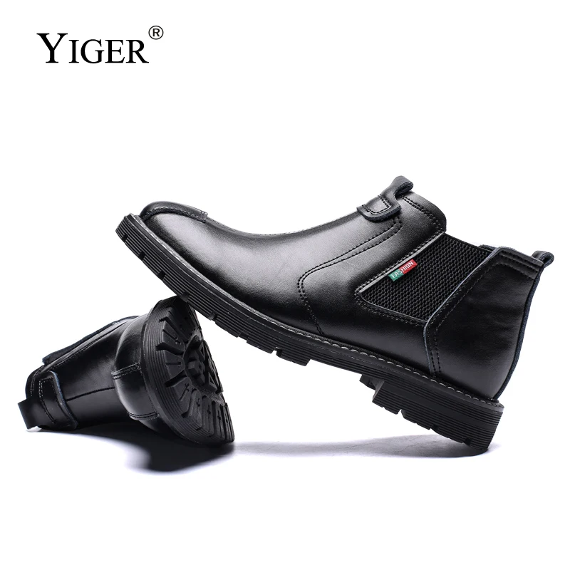 YIGER New Men Chelsea boots Genuine leather men Basic boots man ankle winter warm with fur male slip-on Brush shoes