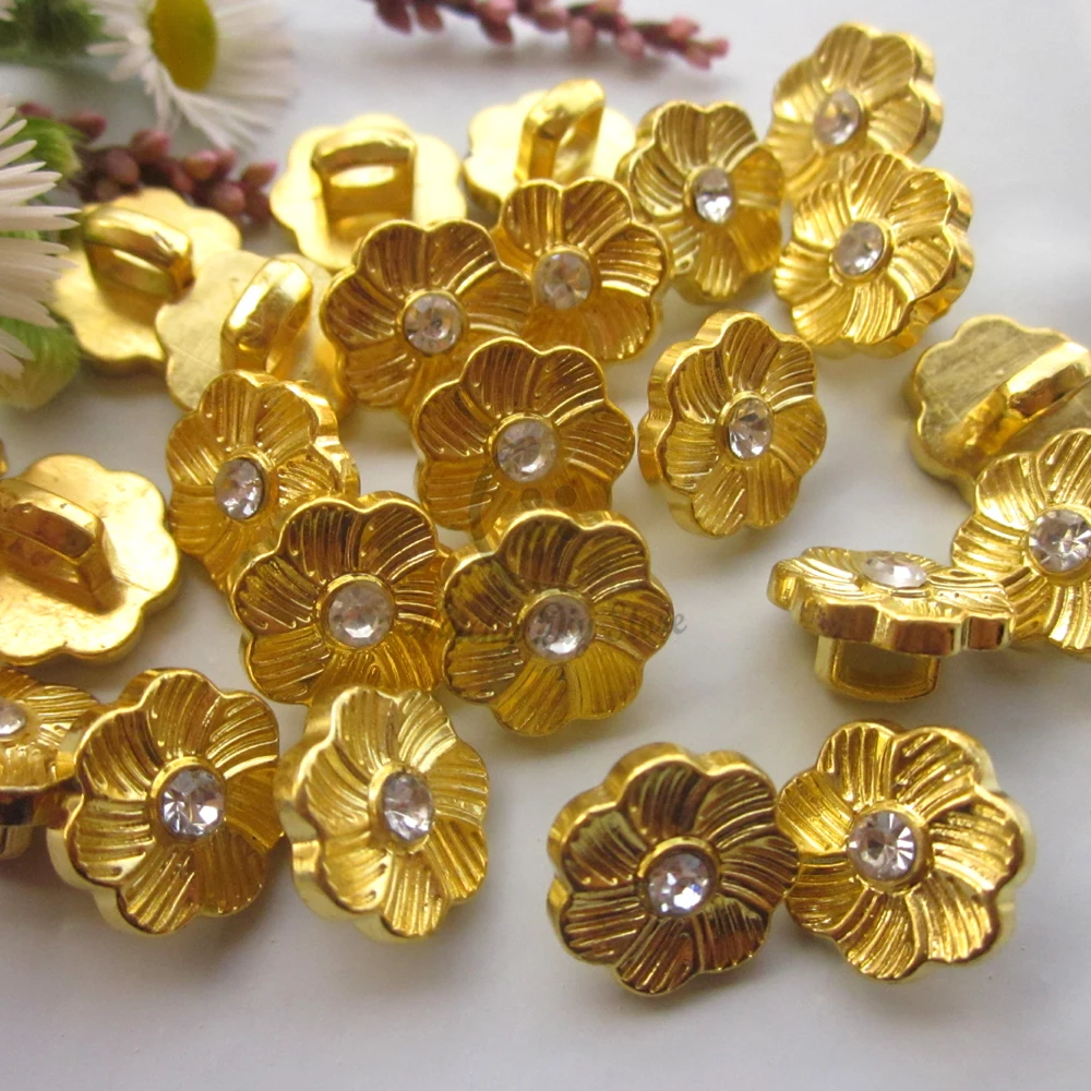 50pcs 11mm Square foot Gold flower rhinestone sewing buttons for weding