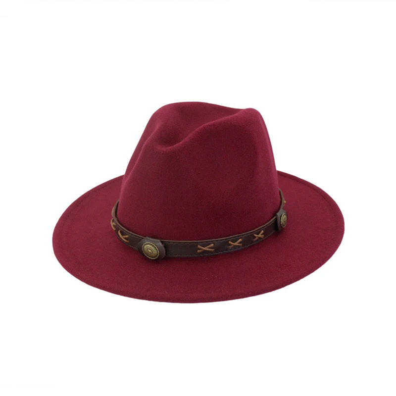 wine red Шерстяная фетровая шляпа Панама Trilby Jazz Fedoras Шляпы с коричневым поясом с плоскими полями для торжественных вечеринок топ шляпа для женщин мужчин унисекс GH-450 - Цвет: wine red