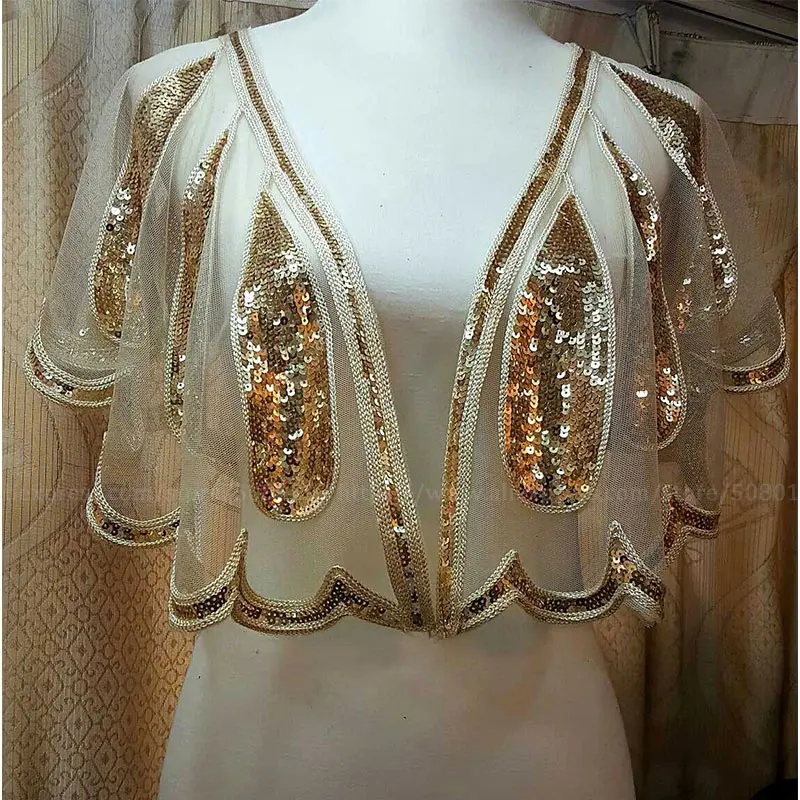 Женская свадебная шаль 1920 s, накидка с блестками и бисером, вечерняя накидка, свадебная шаль, болеро, накидка, Солнцезащитная накидка, золотистый/черный цвет - Цвет: Gold(string) Shawl