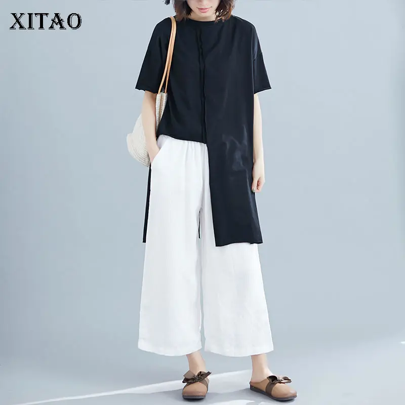 

XITAO Two Piece Set Women Korea Fashion New O Neck Irregular Top Long Elastic Waist Pocket Pants Wild Joker Elegant WBB4430