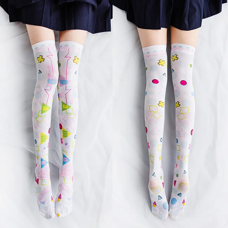 Harajuku/чулки для девочек в стиле Лолиты; женские бархатные длинные чулки с граффити; колготки выше колена для студенток; носки; купить бесплатно - Цвет: C