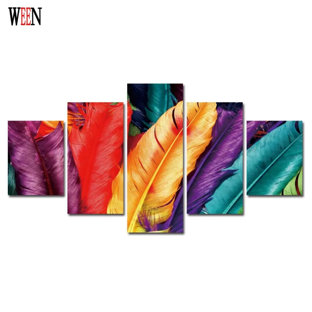 Colorful Feathers Canvas Art With Framed Direatly Handed Modern Wall