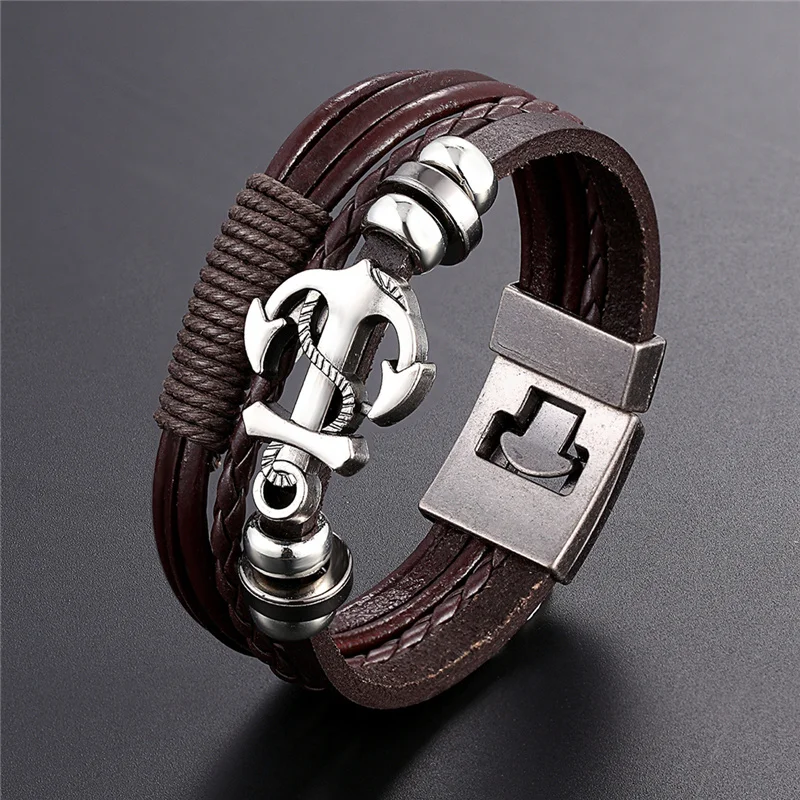 

2019 Trendy Jewelry Leather Bracelet Men Braided Multilayer Anchor Bracelets Ladies Rope Chain for Male Jewelry Classic Pulseira