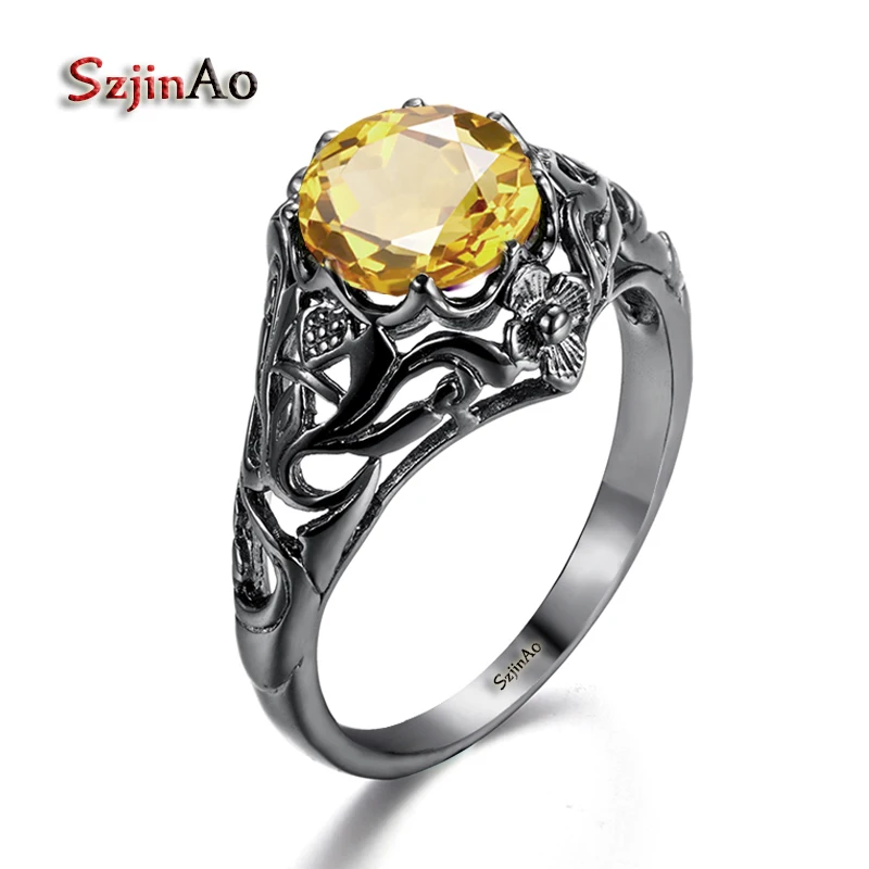 

Szjiano Antique Flower Rings Yellow Fire Stone Crystal Light Blue Stone Jewelry Women Engagement Band Black Gold Color Rings