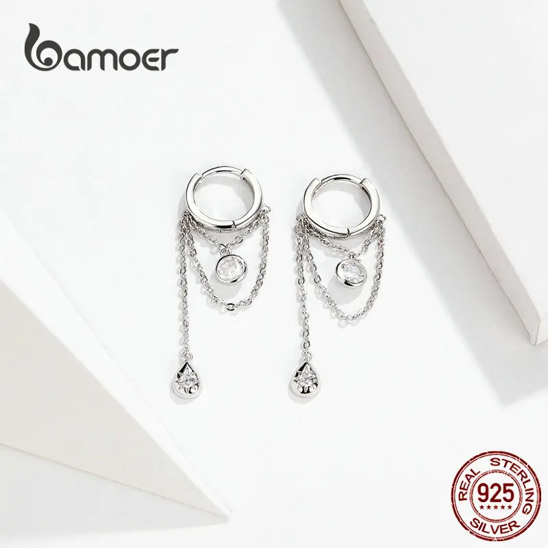 bamoer Waterdrop Round Geometric Chain Dangle Earrings for Women Sterling Silver Female Fashion Jewelry Orecchini SCE638