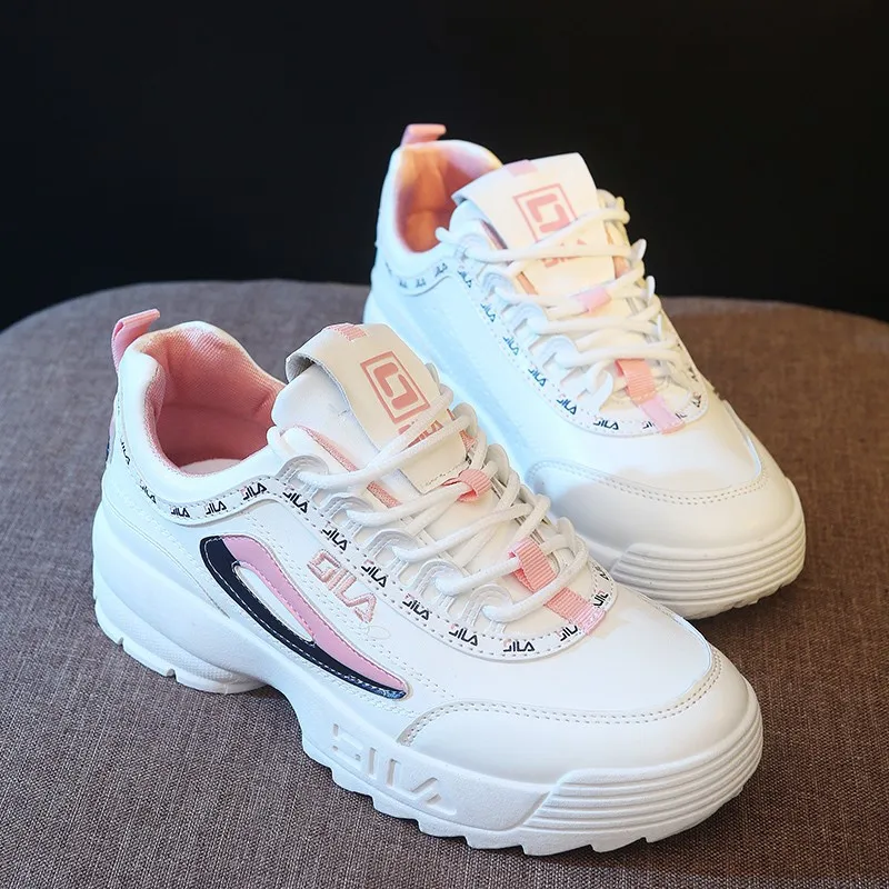 dad shoes new fashion lace-up round-toe breathable plaftorm sneakers dad sneakers women white shoes casual shoe - Цвет: A pink