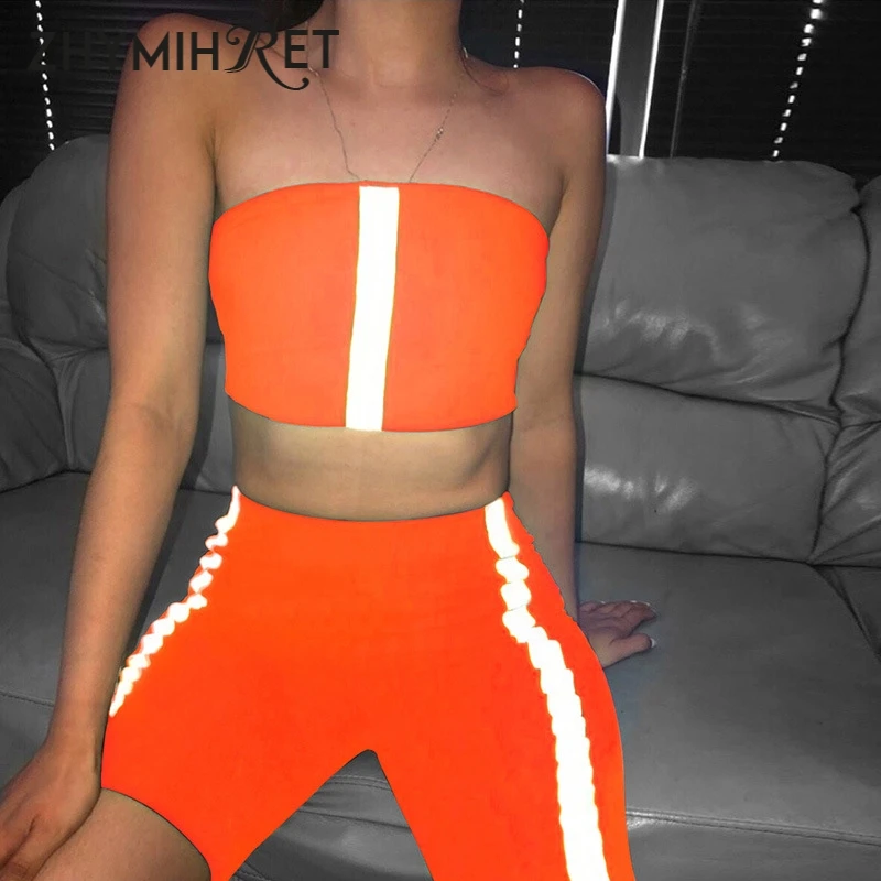 

ZHYMIHRE Reflective Strip Tube Top And High Waist Shorts Neon Set Jogging Femme 2 Piece Outfits For Women Chandal Mujer 2 Piezas