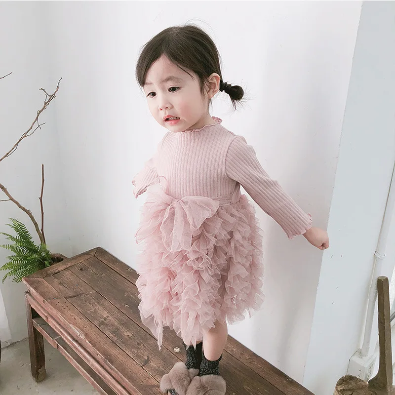 Г., Новое поступление, Осеннее хлопковое однотонное платье в Корейском стиле, Бант бабочка принцесса, нарядное платье с длинными рукавами для милых маленьких девочек