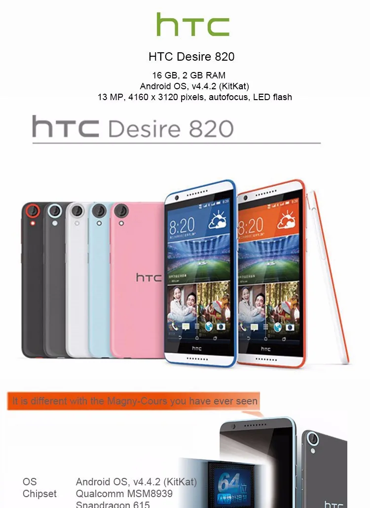 htc Desire 820 с одной sim-картой/мобильный телефон с двумя sim-картами, четыре ядра, 5,5 дюймов, Qualcomm, Android 4,4, 13 МП ram, 2 Гб rom, 16 ГБ, отремонтированный