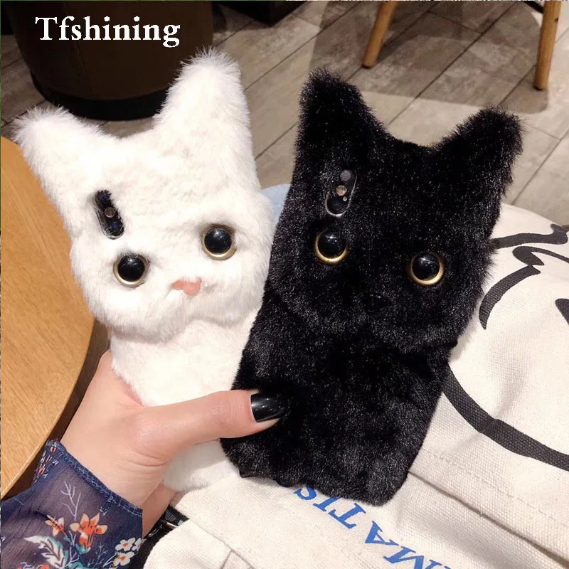 

Tfshining Winter Plush Cute Cat Phone Case For Apple iphone X XS Max XR 8 7 6 6S Plus Soft Silicone TPU Full Hair Fur Case Coque