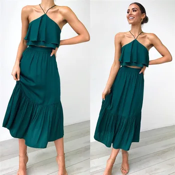

Women halter crop top skirt two piece set summer tops skirts 2 piece skirt set for women summer women's suits S M L XL
