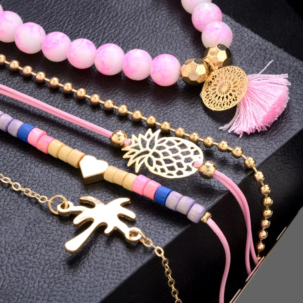 Rinhoo 1 комплект натуральный богемский камень завод геометрический кулон браслет и Strand браслет для Женская мода ювелирные изделия подарок