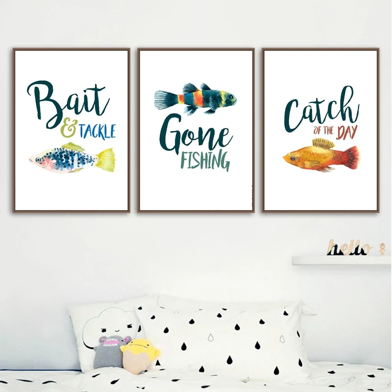 

Gone Fishing Themed Party Watercolor Canvas Poster Nursery Wall Art Print Bait and Tackle Quote Painting Picture Boys Room Decor