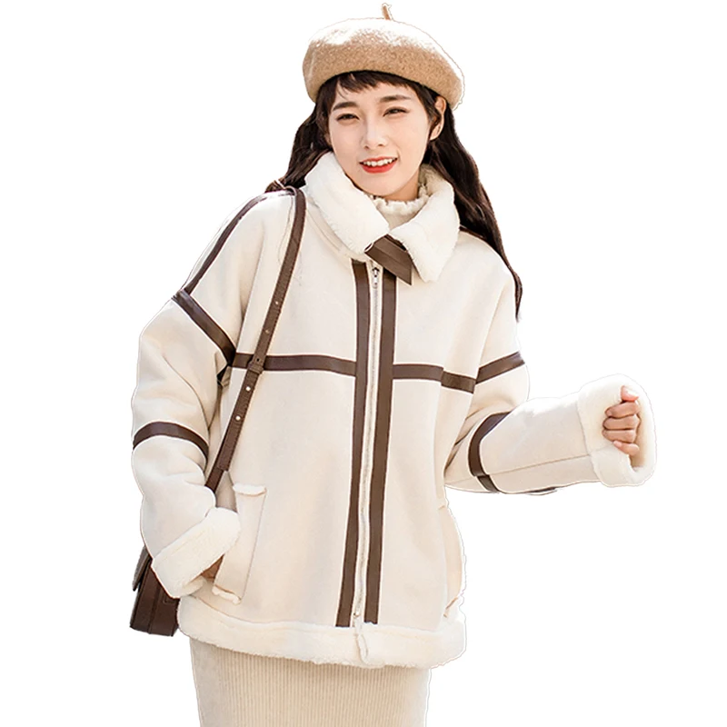 

Women 2019 Spring Autumn Fashion Short Suede Coat With Faux Lambswool Liner Warm Outwear Female Casual Lapel Wild Overcoats V956