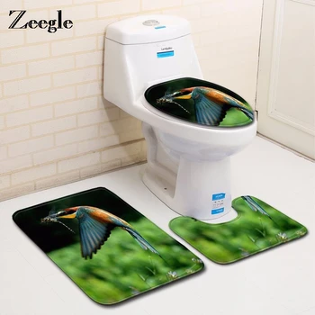 

Zeegle 3Pcs/Set Bird Pattern Toilet Seat Cover Mat Colorful Feather Bathroom Rug Anti-Slip Shower Carpet Absorbent Rug