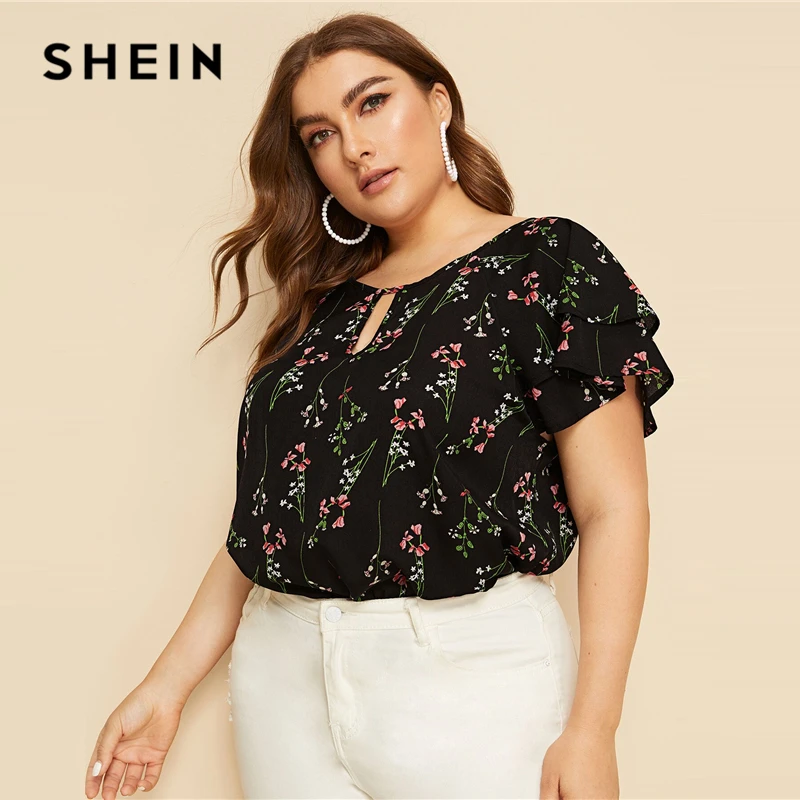 SHEIN размера плюс колье на шее многослойное платье с оборками на рукавах, ботанический Блуза Топ Для женщин летние Повседневное Цветочный принт вырезами блузки