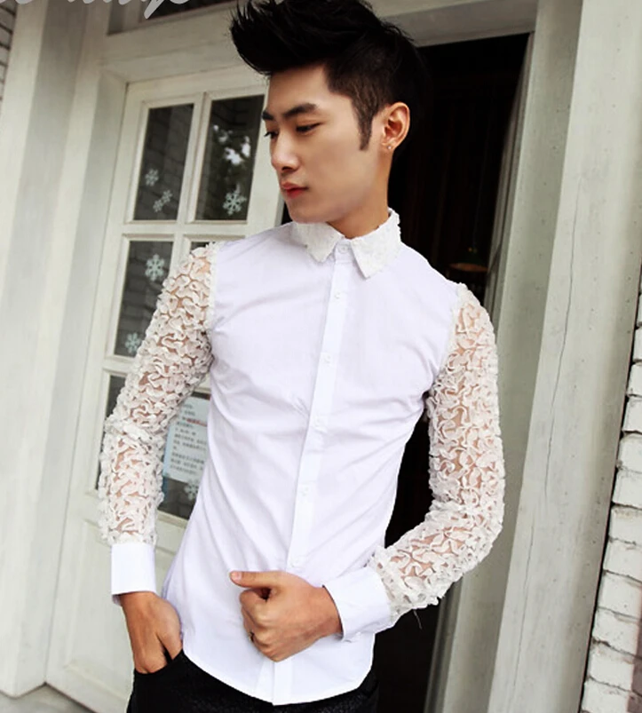 Male sexy slim all match chiffon petals shirt personalized white long ...