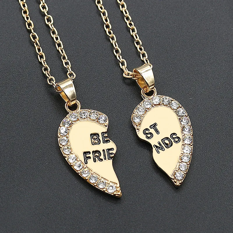 

2 Pcs/set Heart-Shaped Pendant Necklaces with Rhinestone for Best Friends One Half Necklace Friendship Gifts for Couple Jewelry