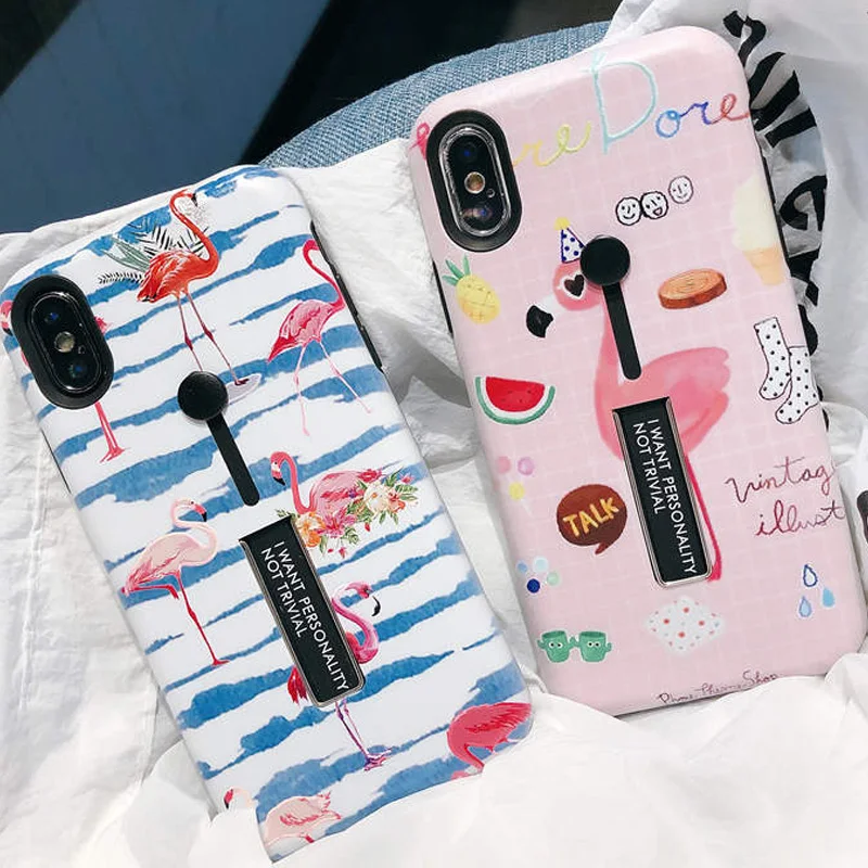 

Cute Cartoon Flamingo Loop Ring Phone Case for iPhone 11 Pro XS Max 6 6S XR X 7 8 Plus Hide Ring Holder Stand Summer Cover Shell