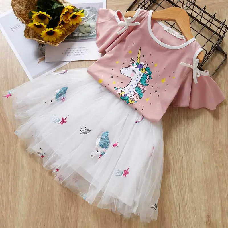 Платья для девочек г. Брендовая детская Одежда Футболка с рукавами-бабочками и надписью+ платье с вуалью с цветочным рисунком комплекты одежды из 2 предметов детское платье - Цвет: AX1195-Pink