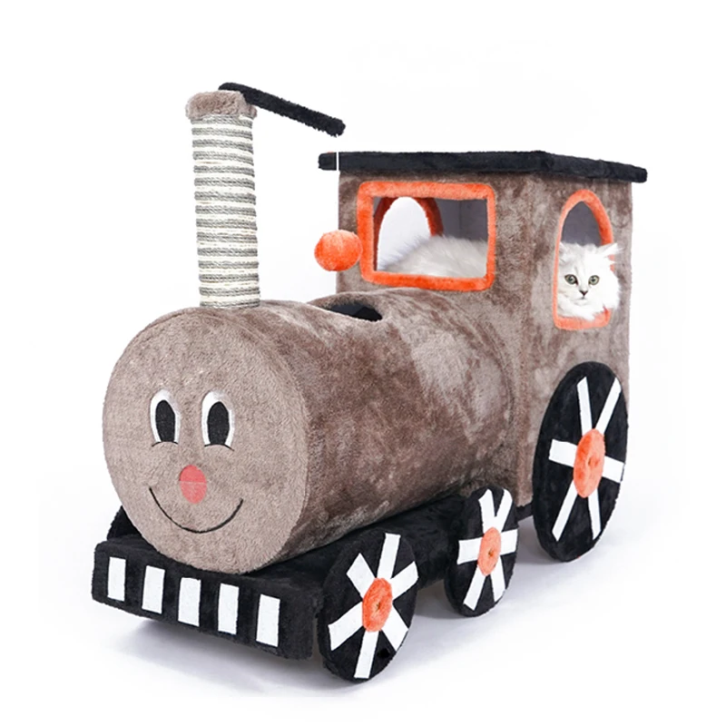 

Luxury Pet Cats Play Tree House Wooden Large Train Climbing Tree Cat Scratching Sisal Post Mat Scratch Dogs Bed Toy Furniture