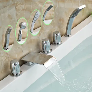 

New 5Pcs Widespread Bathtub Waterfall Roman Tub Faucet Shower Chrome Finish with Handheld Shower