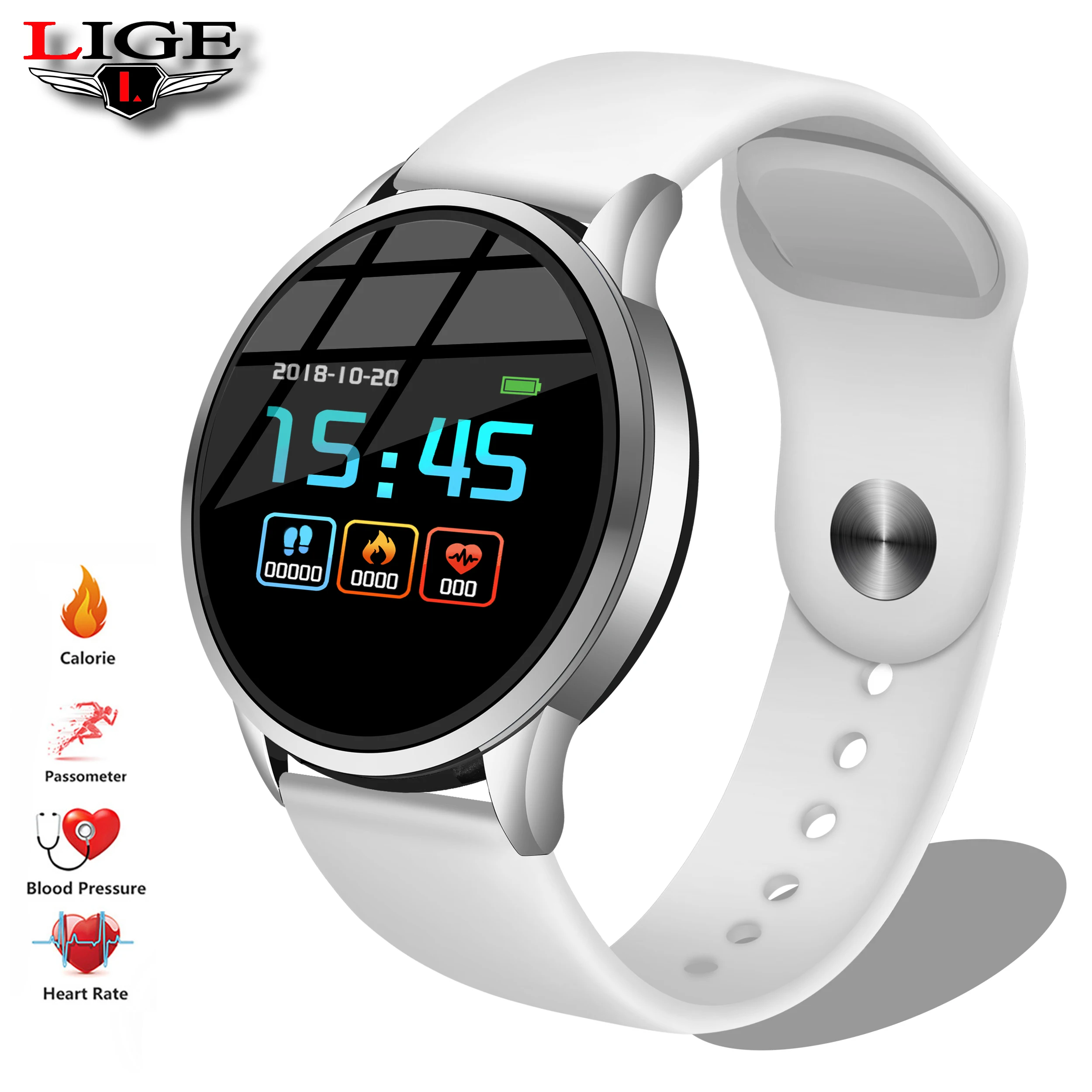 

LIGE Women Smart Watch Men Fitness Bracelet Latest Blood Pressure Heart Rate Monitoring Pedomter Pulse Watch for Anroid +Box
