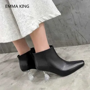

2018 New Clear Heel Ankle Boots Women Square Toe Black White Leather Ladies Winter Shoes Sexy High Heel Runway Woman Martin Boot