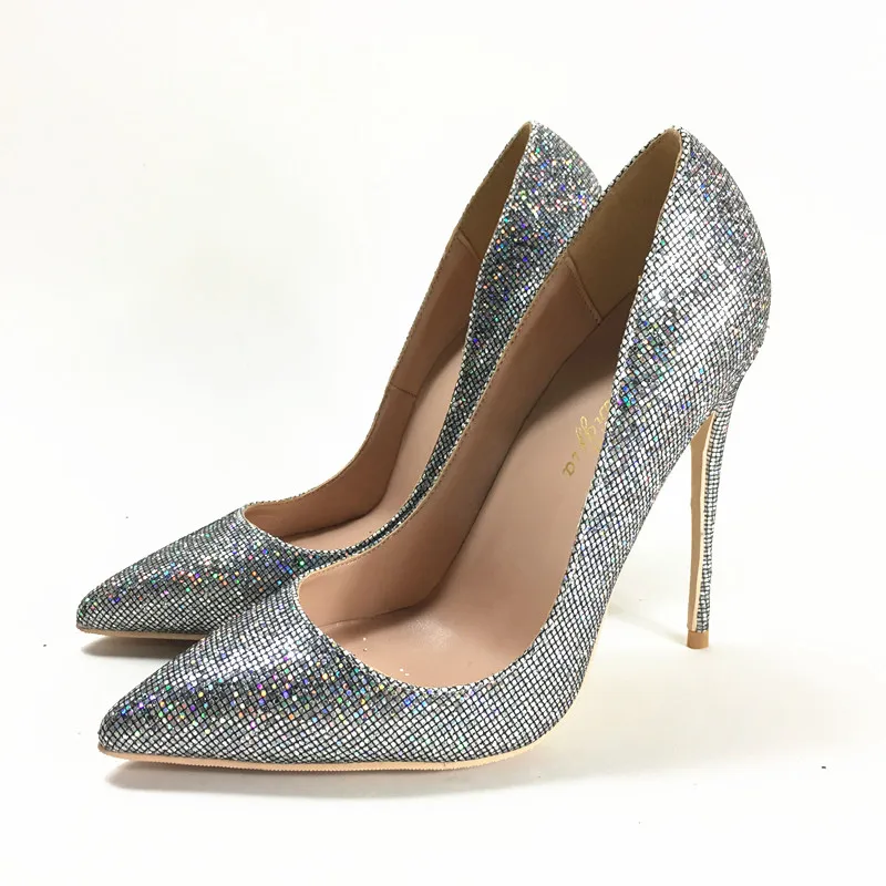 

Keshangjia New Spring Colorful Sequins Thin Heels Lady Pointed Toe Mouth Low Big Size 43 44 High 12cm 10cm