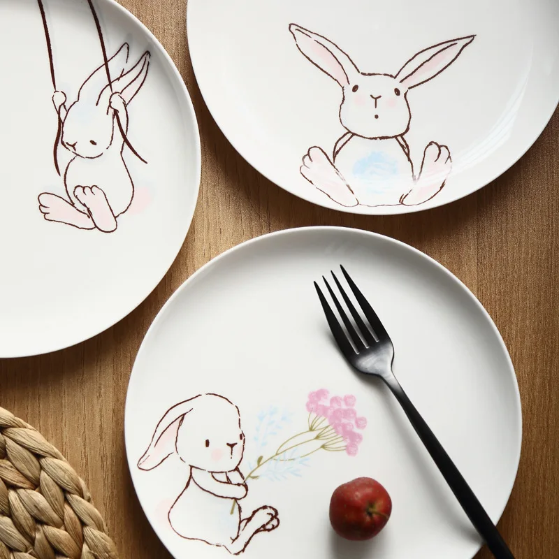 1PC 8 inch Ceramic Dinner Plate Rabbit Animal Dinner Dishes Pasta Steak Dessert Plates Fine Bone China Kitchenware