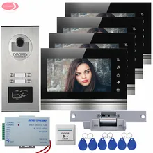 Video Intercom With 4 Buttons Rfid Access + 4 Monitors Touch Buttons7” Home Video Door Phone +Electric Strike Lock Entry System