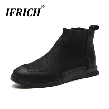 

2019 Autumn Winter Mens Boots Leather Rubber Mens Warm Boots Black Natural Leather Chelsea Boots Men With Fur Low Boot Men