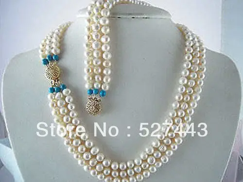 

Wholesale free shipping >>7-8MM 3 row WHITE FW PEARL NECKLACE +BRACELET SET